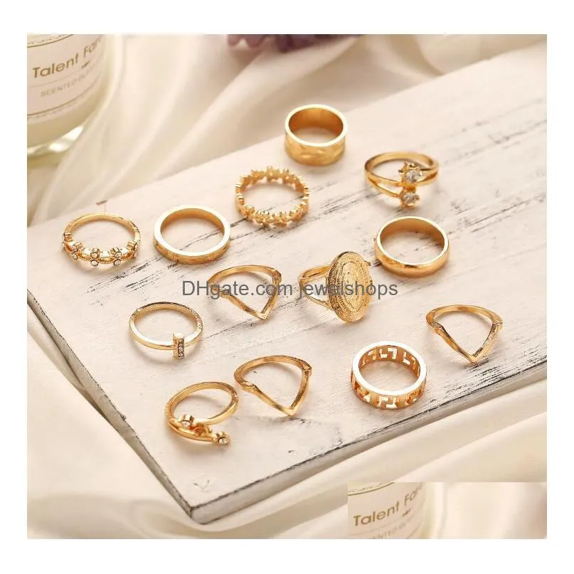 13pcs/set fashion ladies gold plated finger rings retro geometric ring set woman jewelry