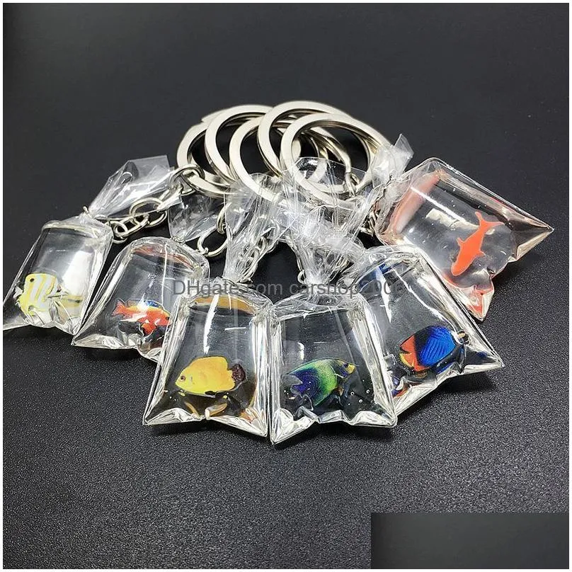 creativity miniature resin goldfish keychains charms small fish in water bag pendant diy key rings fashion accessories