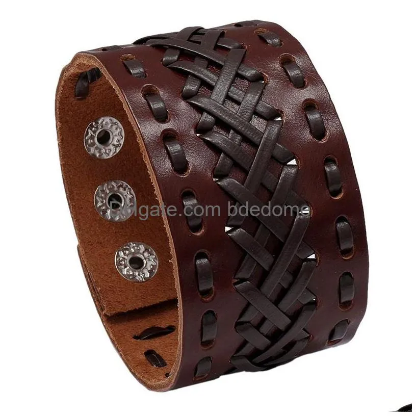 hollow wide lace bandage leather bangle cuff button adjustable bracelet wristand for men women fashion jewelry black