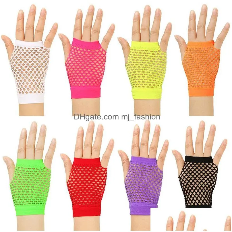 women short fishnet mesh black y fingerless gloves festival dance club party cosplay gloves