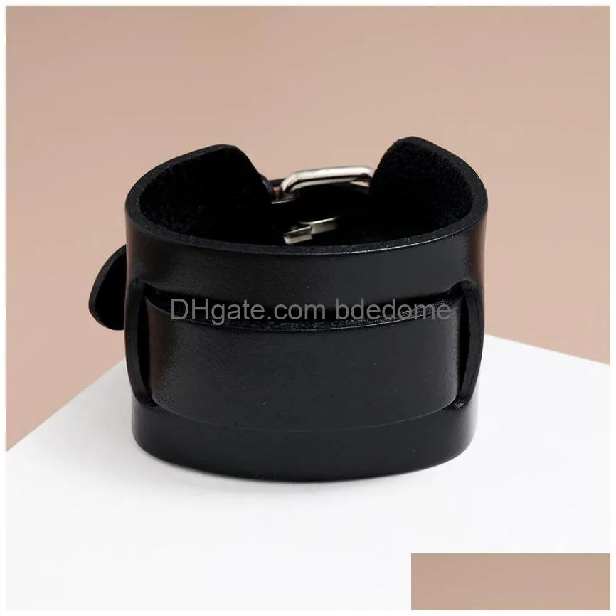 wide leather bangle cuff adjustable pin buckle bracelet wristand for men women fashion jewelry black