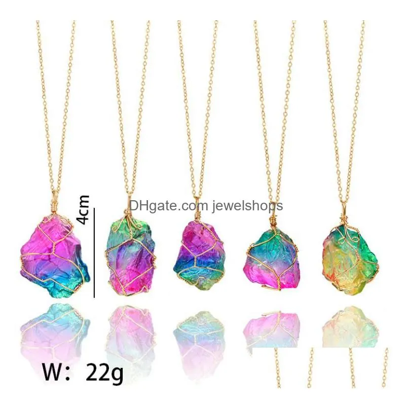 seven color necklace natural raw stone winding crystal pendant transparent multicolor chain necklaces jewelry for women
