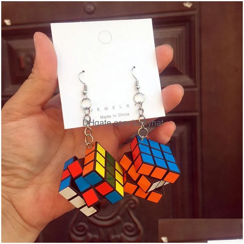 exaggeration alternative rubik cube geometry funny charm earrings women fashion pendants fancy creative hanging earring cool jewelry