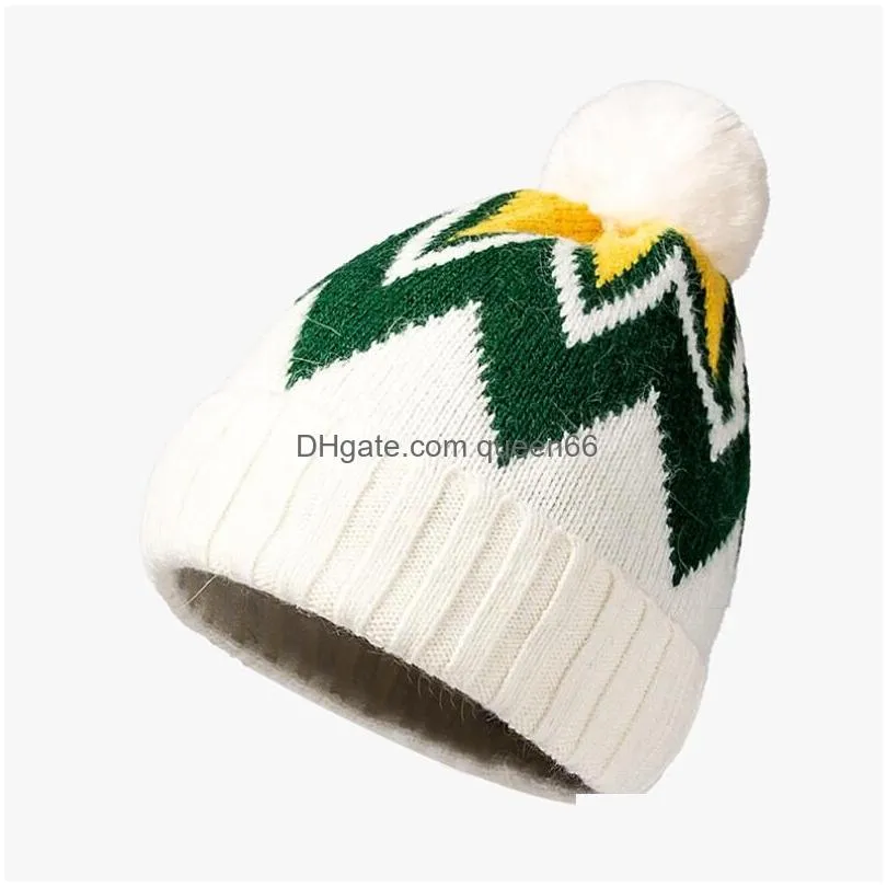striped jacquard pompom beanie hat winter warm knitting thick skull caps for women valentines day christmas gift