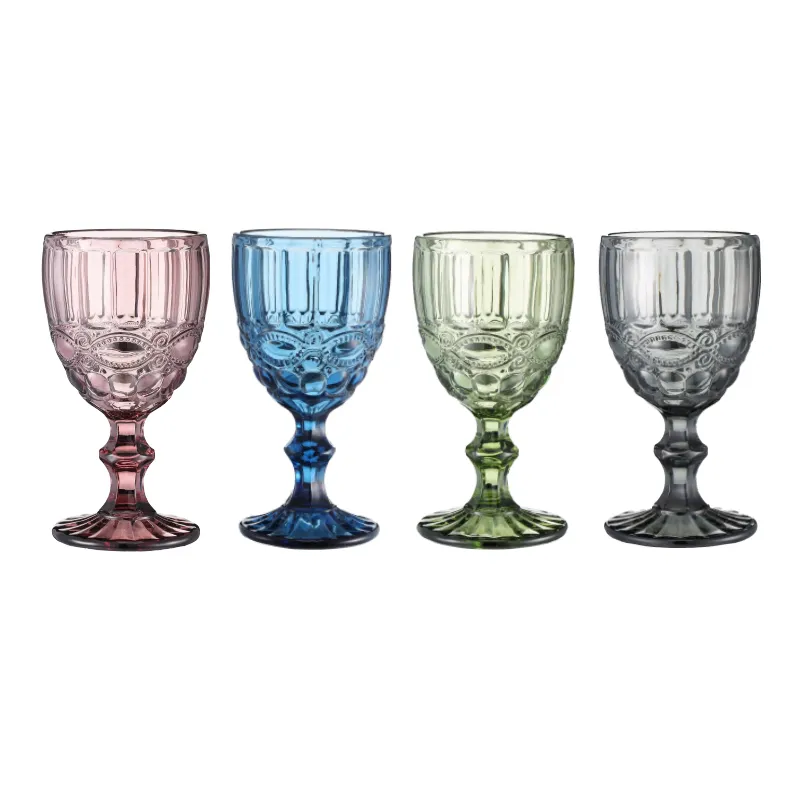 10OZ Wine Glasses Cup Colored Glass Goblet with Stem 240ml Vintage Pattern Embossed Romantic Drinkware for Party Wedding Birthday Festival