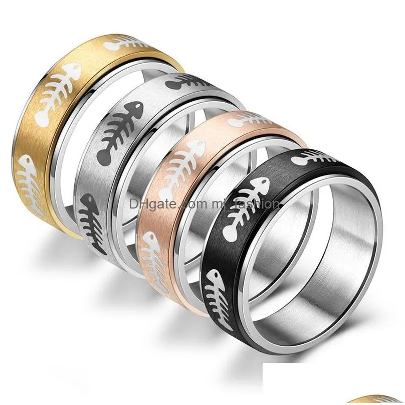 laser engraving fish bones men rings silver color titanium steel rotating ring ease anxiety multifunctional 8mm fashion accessories