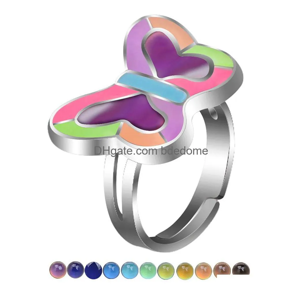 ring band glow in the dark luminous heart love butterfly moon pentagram peace charm adjustable temperature mood change color rings fashion