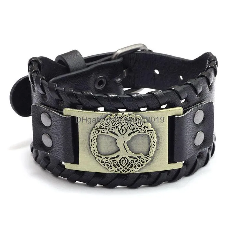 design fashion id bracelet men tree of life alloy handmade weave wide pu leather wristband adjustable bangle punk jewelry