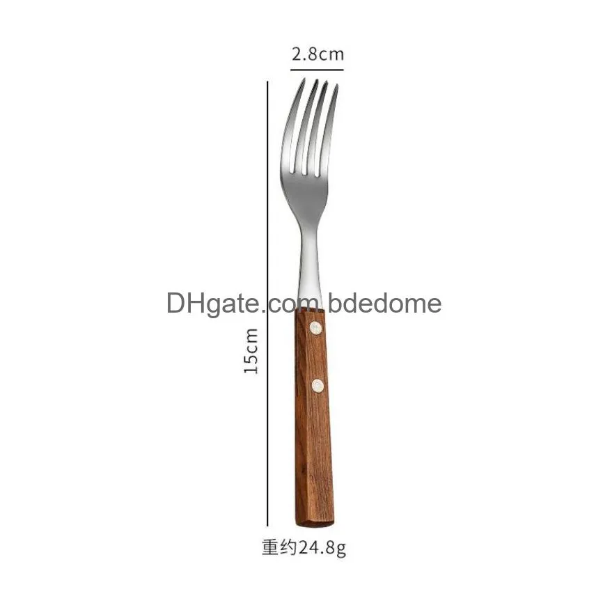 steak wood handle spoon fork knife cutlery set stainless steel home kitchen dining flatware ice cream dessert steak forks spoons tableware