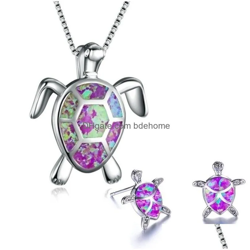 fashion jewelry set women necklaces with earrings cute turtle blue imitation fire opal pendant necklace stud for women