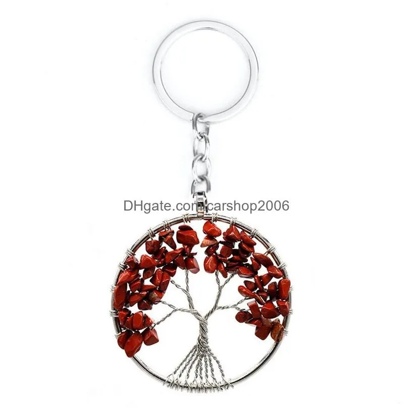 handmade natural crystal stone round tree of life pendant key rings holder for women girls car bags accessories