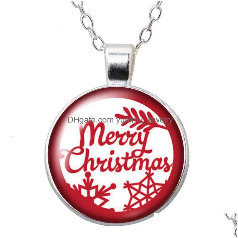 merry christmas red patterns bells round pendant necklace 25mm glass cabochon silver color jewelry women girl birthday gift 50cm