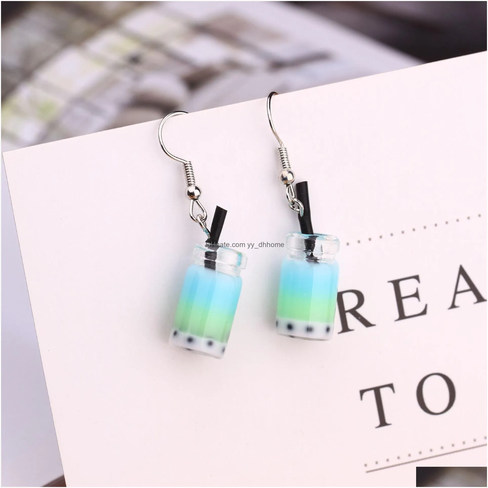 fashion summer sweet fruit milk tea drink bottle pendant charm earrings glass strawberry lemon cup candy women jewelry gift