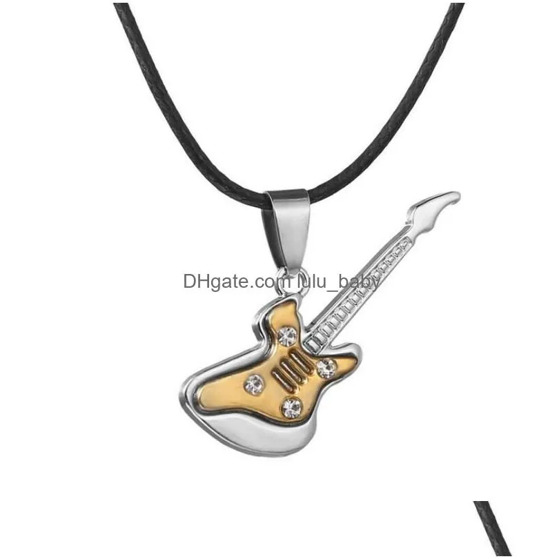 fashion stainless steel guitar necklace for men pendants leather chain male necklaces