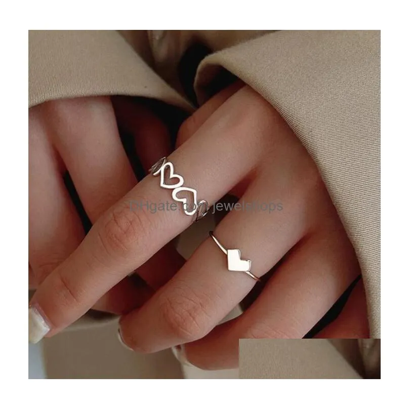 2pcs/set women fashion simple heart band rings design hollow finger ring for girls jewelry gift