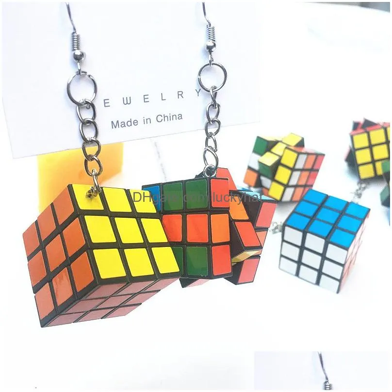 exaggeration alternative rubik cube geometry funny charm earrings women fashion pendants fancy creative hanging earring cool jewelry