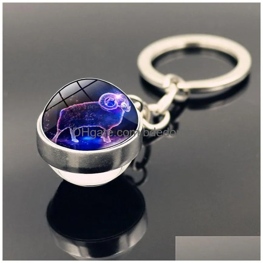 12 zodiac sign glass cabochon ball keychain aries gemini star horoscope pendant double-sided key ring bag hangs fashion jewelry will and