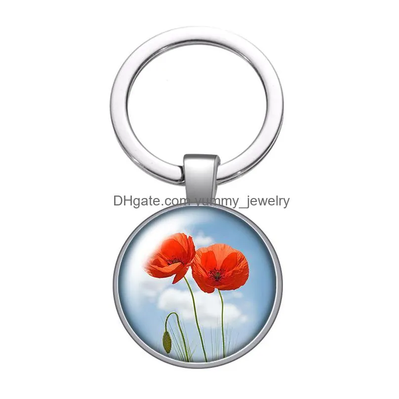 flowers lavender daisy plumeria glass cabochon keychain bag car key chain ring holder charms silver keychains for men women gift