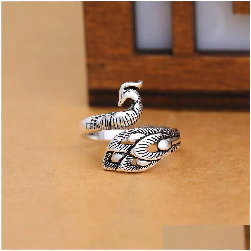 vintage black silver color peacock phoenix bird ring for women size adjustable alloy rings boho style female jewelry