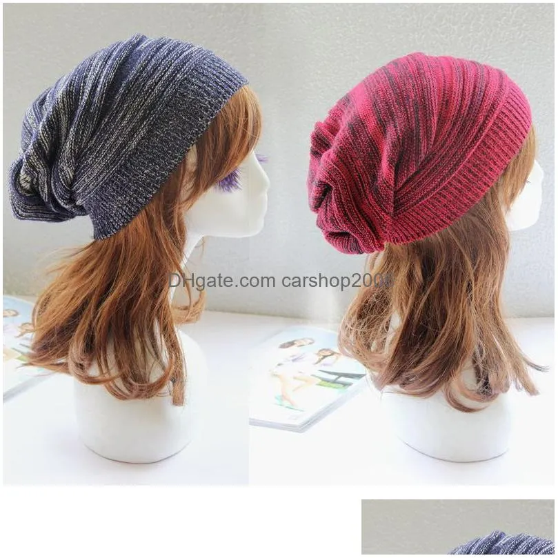 women men caps mixed color cotton striped hip hop winter warm beanies knit long loose hat headdress