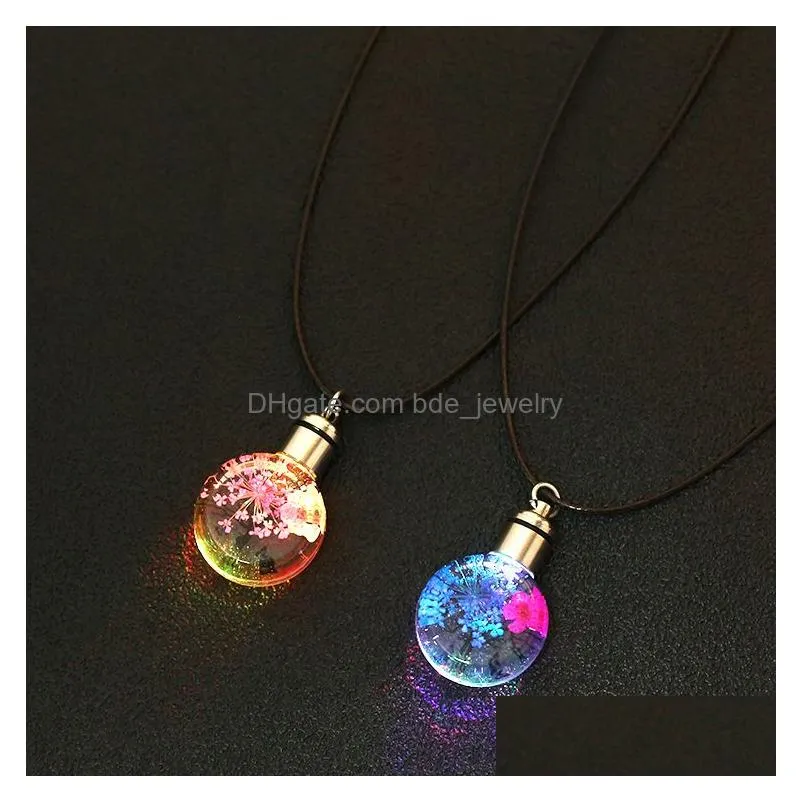 trendy dried flowers pendant necklaces for women led luminous flower necklace charm crystal glass ball jewelry