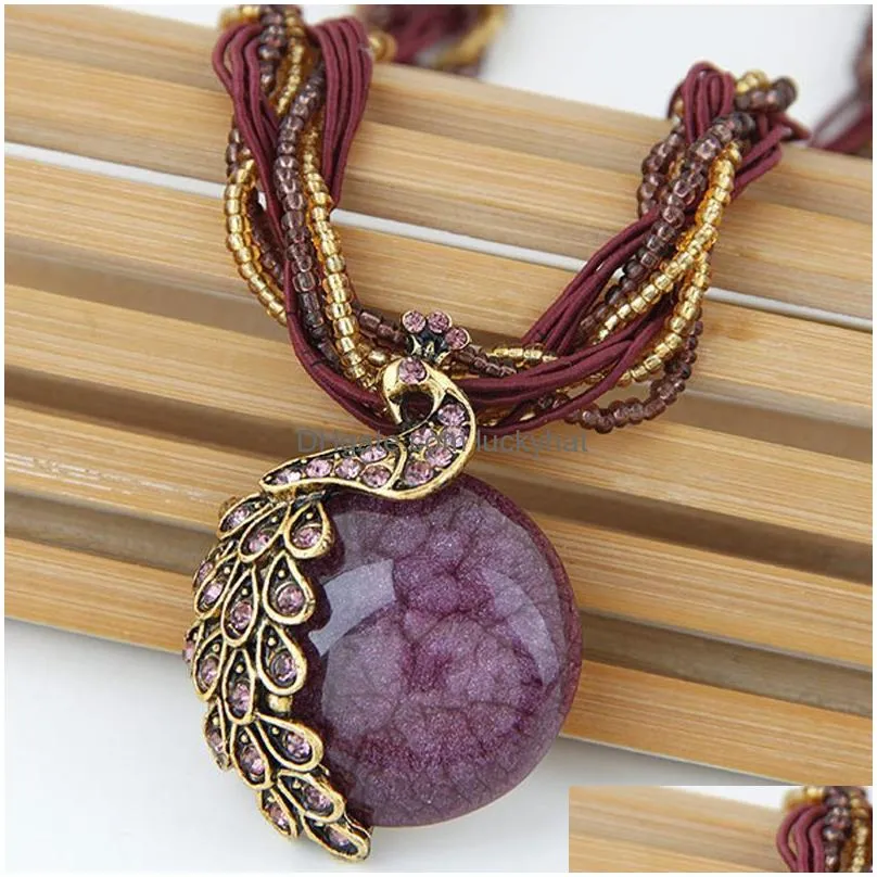 boho round crystal pendant necklaces woven rice bead string sweater necklace temperament ladies fashion gift