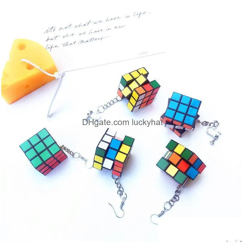 exaggeration alternative rubik cube geometry funny charm earrings women fashion pendants fancy creative hanging earring cool jewelry