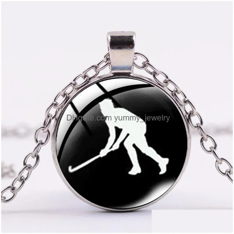 love hockey silver plated chain necklace ice hockey players silhouette printing glass cabochon men women sports jewelry