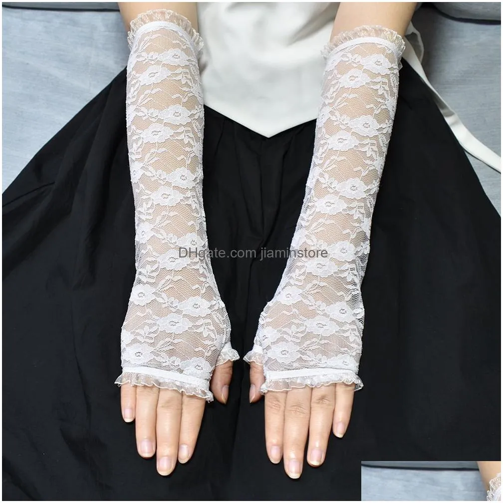 40cm wedding transparent fingerless gloves lace women black red white fashion spring bride y long mittens