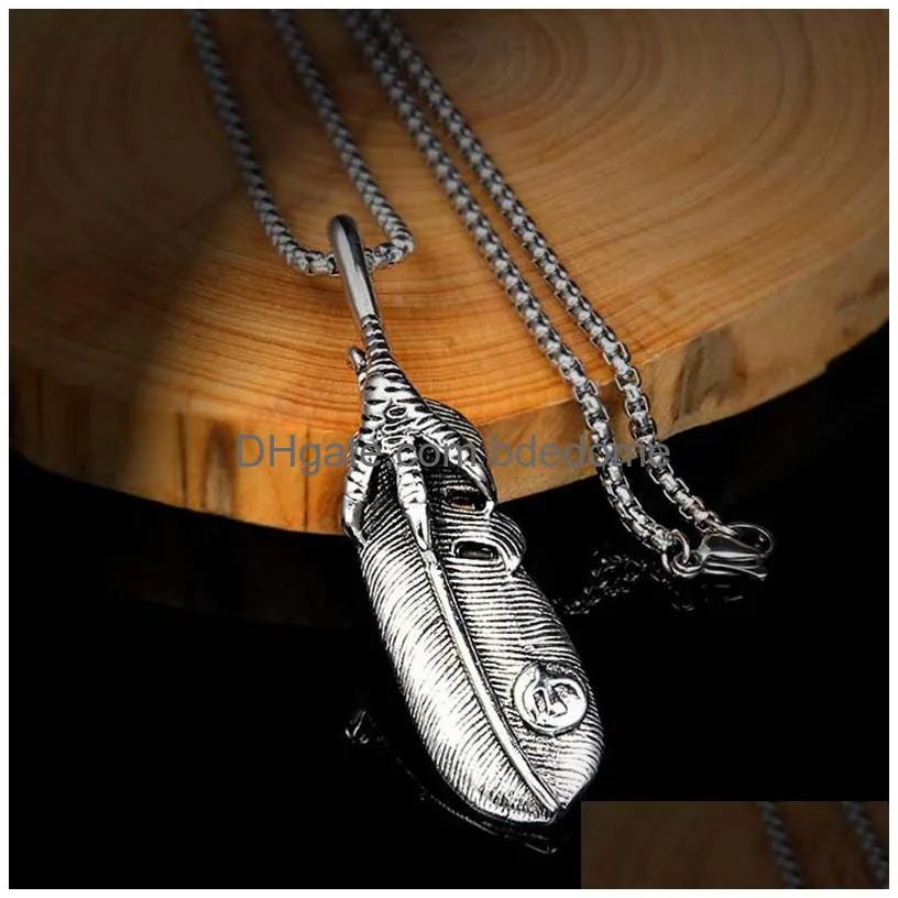 punk  claw feather necklaces pendant stainless steel ancient silver necklace women men nightclub hip hop fashion fine jewelry