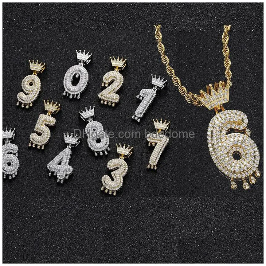 18k gold arabic numerals zircon crown necklace 60cm chain hip hop jewelry set iced out diamond number pendant necklaces for women men will and sandy