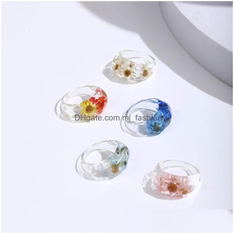 trend korea transparent resin dry flower band rings for women girls bohemia multicolor flowers acrylic ring jewelry gifts