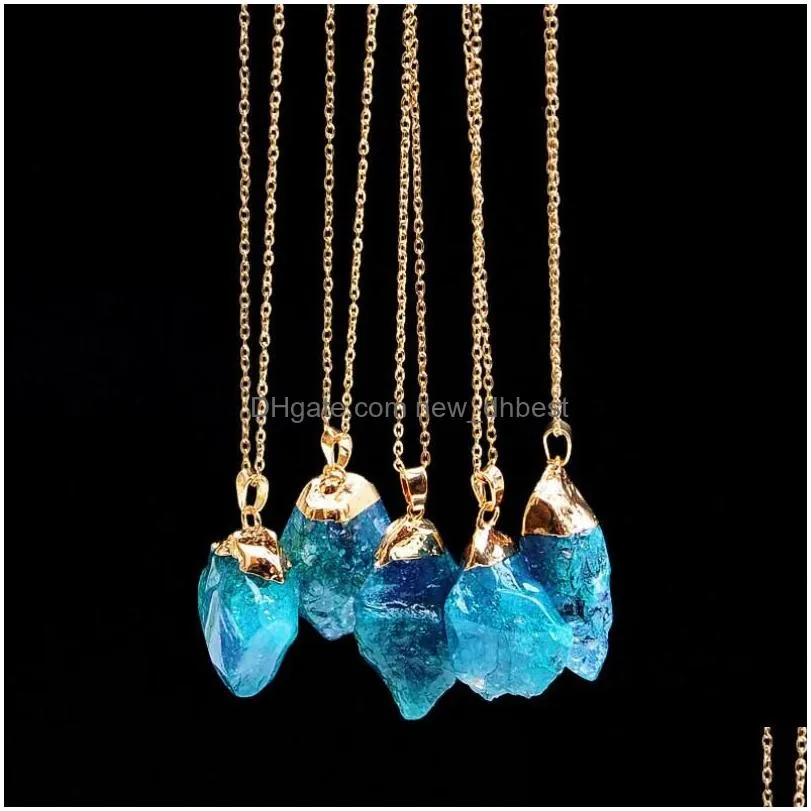 punk irregular natural stone crystal rose pendant necklaces gold-color quartz wire wrapped women necklace