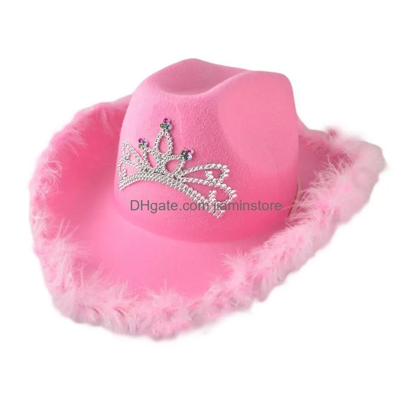 led western style wide brim  hat pink women girls birthday party caps with feather sequin decoration crown tiara nightclub cowgirl