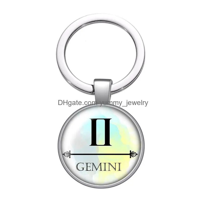 12 constellations signs glass cabochon keychain bag car key chain ring holder charms silver keychains for men women gifts