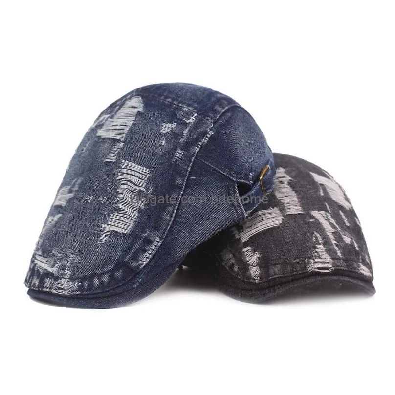 fashion hole  hats for men retro denim newsboy hat uni casual cotton beret cap hip hop flat cap