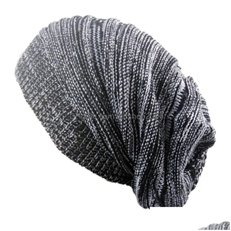 women men caps mixed color cotton striped hip hop winter warm beanies knit long loose hat headdress