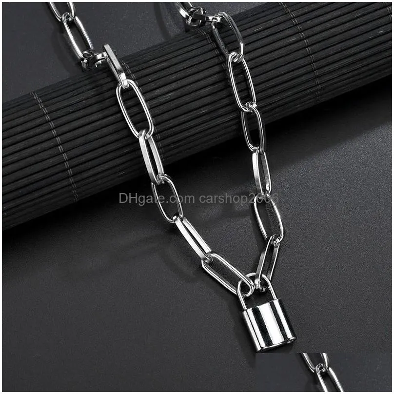 hip hop multi layers chain necklace with lock women men punk rock padlock pendant necklace goth jewelry for gift