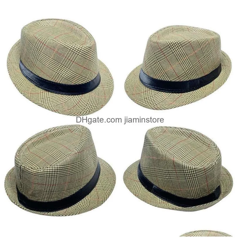 fashion plaid jazz stingy brim hat men vintage spring summer panama cap bowler outdoor sun hats