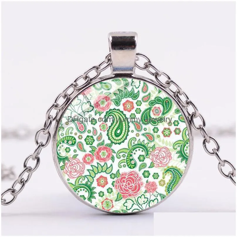 creative paisley flower pattern necklace mandala yoga classical elements art glass dome pendant long chain women jewelry