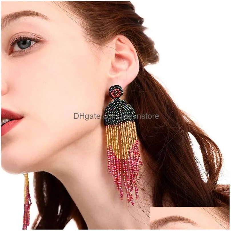 long boho statement beaded tassel dangle earrings big large bohemian handmade seed bead drop earrings for women