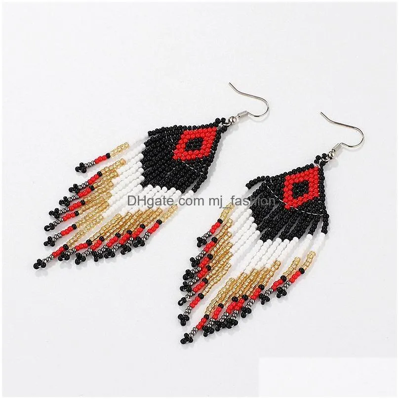 retro bohemia rice bead dangle hand weaving beaded colorful simplicity geometry alloy tassel earrings