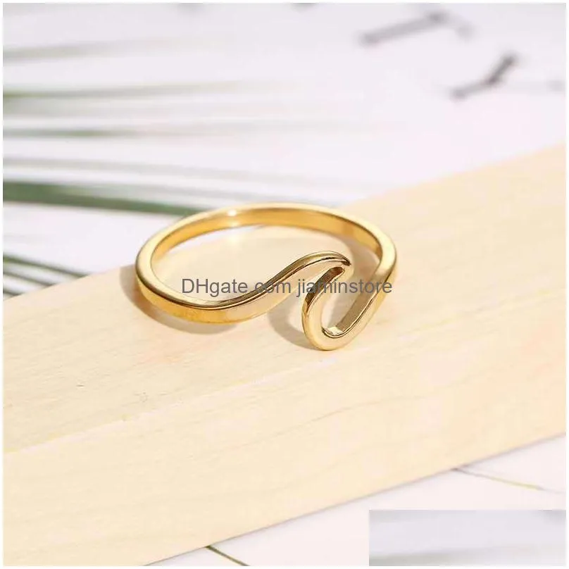 fashion simple design sea wave rings ocean surf stainless steel rose gold silver color finger jewelry rings for women surfer gift