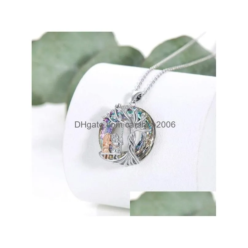 rose gold silver tree of life women necklace round rainbow crystal pendant birthday gift for girls friends mom