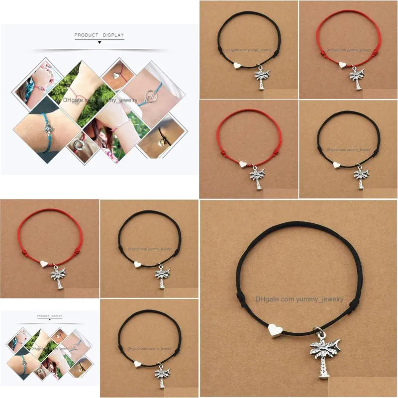 beach summer fashion red rope cord heart charm coconut tree pendant bracelets for women girls coconut palm jewelry gifts