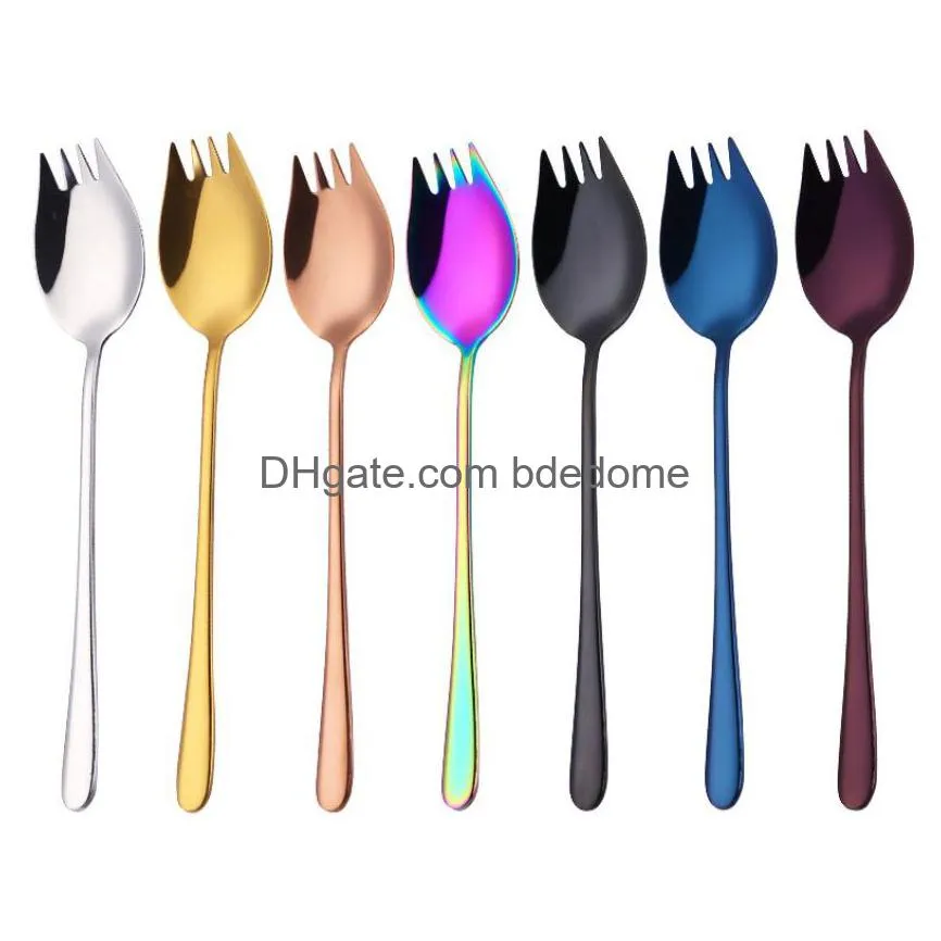 long handle tooth spoon fork stainless steel home kitchen dining flatware noodles ice cream dessert spoons forks cutlery tool