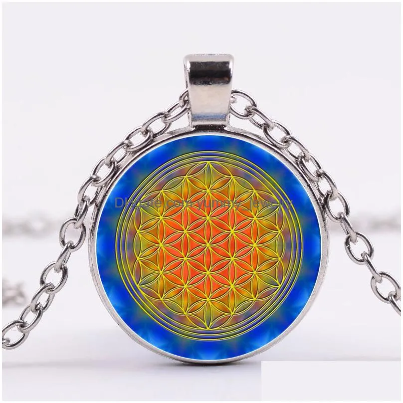 new flower of life necklace om yoga chakra mandala sacred geometry pendants glass cabochon chain necklaces women jewelry