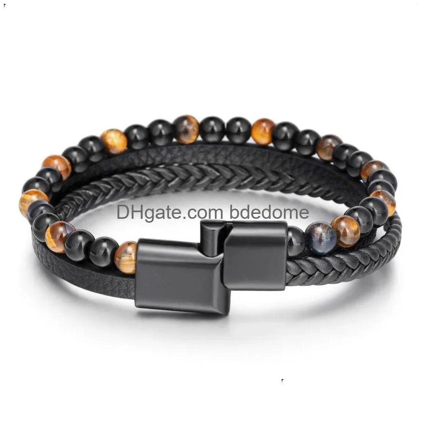 simple leather stone tiger eye beaded strand bracelet bangle cuff wristband braided multilayer wrap bracelets hip hop fashion jewelry