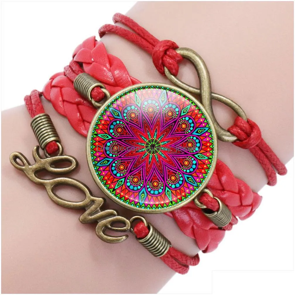 mandola flower buddhism zen glass cabochon love charm leather wrap bracelets bangles for women men gift bracelet