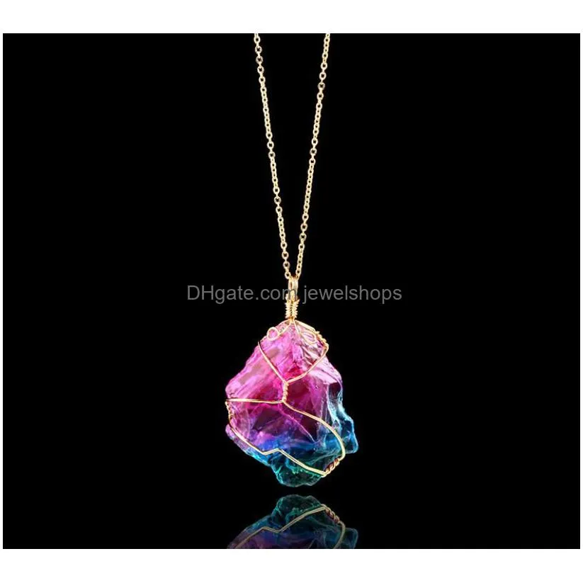 seven color necklace natural raw stone winding crystal pendant transparent multicolor chain necklaces jewelry for women